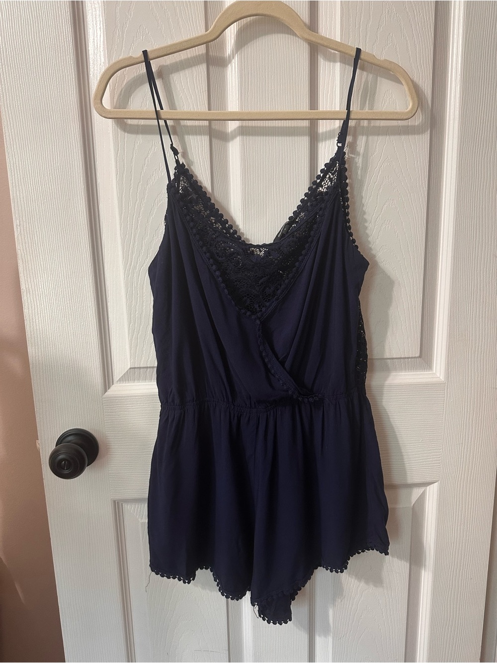 Ambiance Navy Lace-Trim Cami Romper